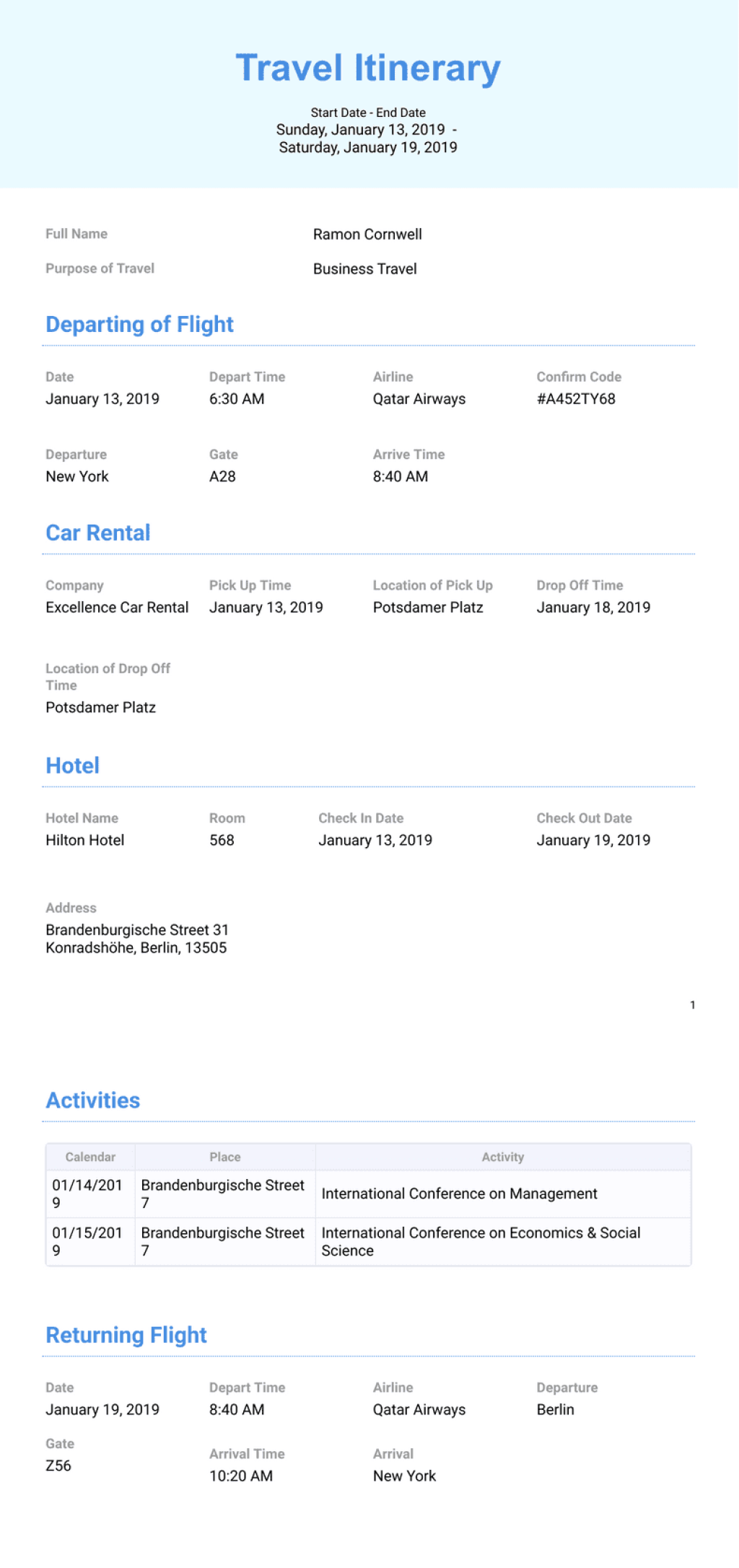 Picture of: Business Travel Itinerary Template – PDF Templates  Jotform