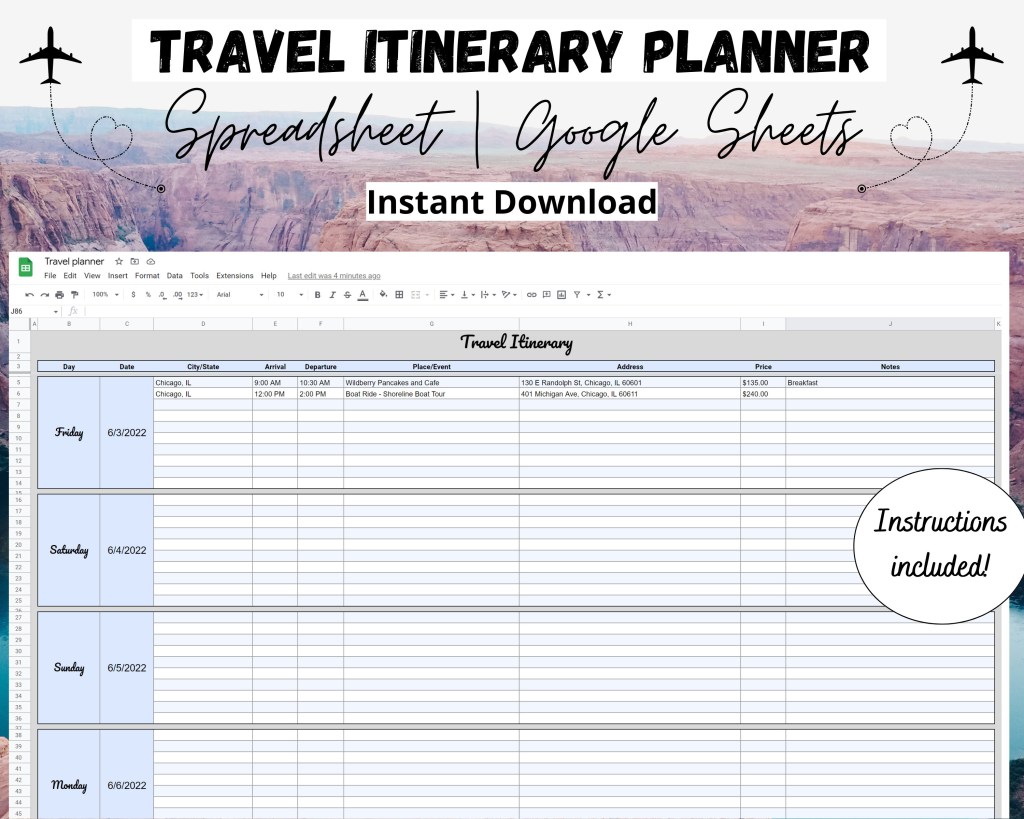 Picture of: Travel Itinerary Template Google Sheets Vacation Planner – Etsy