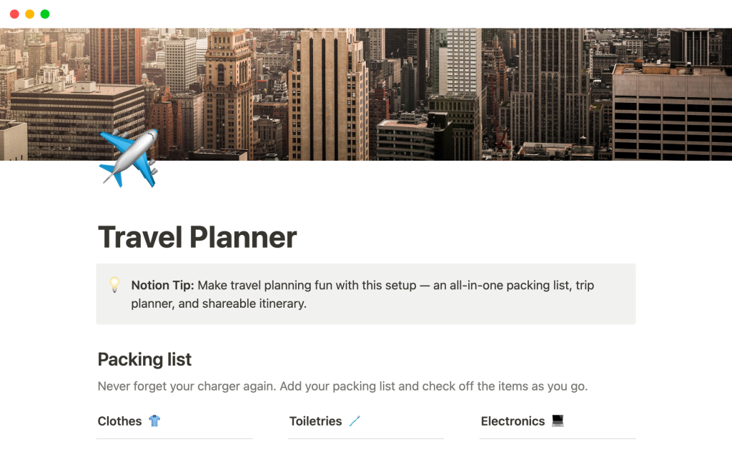 Picture of: Travel planning  Notion Template